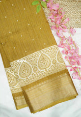 Premium printed silk checks weaving thilagam border - yellow ochre